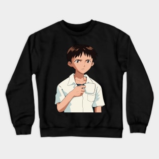 Shinji Holding a Mug HD  90s grain Texture Restored image Neon Genesis Evangelion Crewneck Sweatshirt